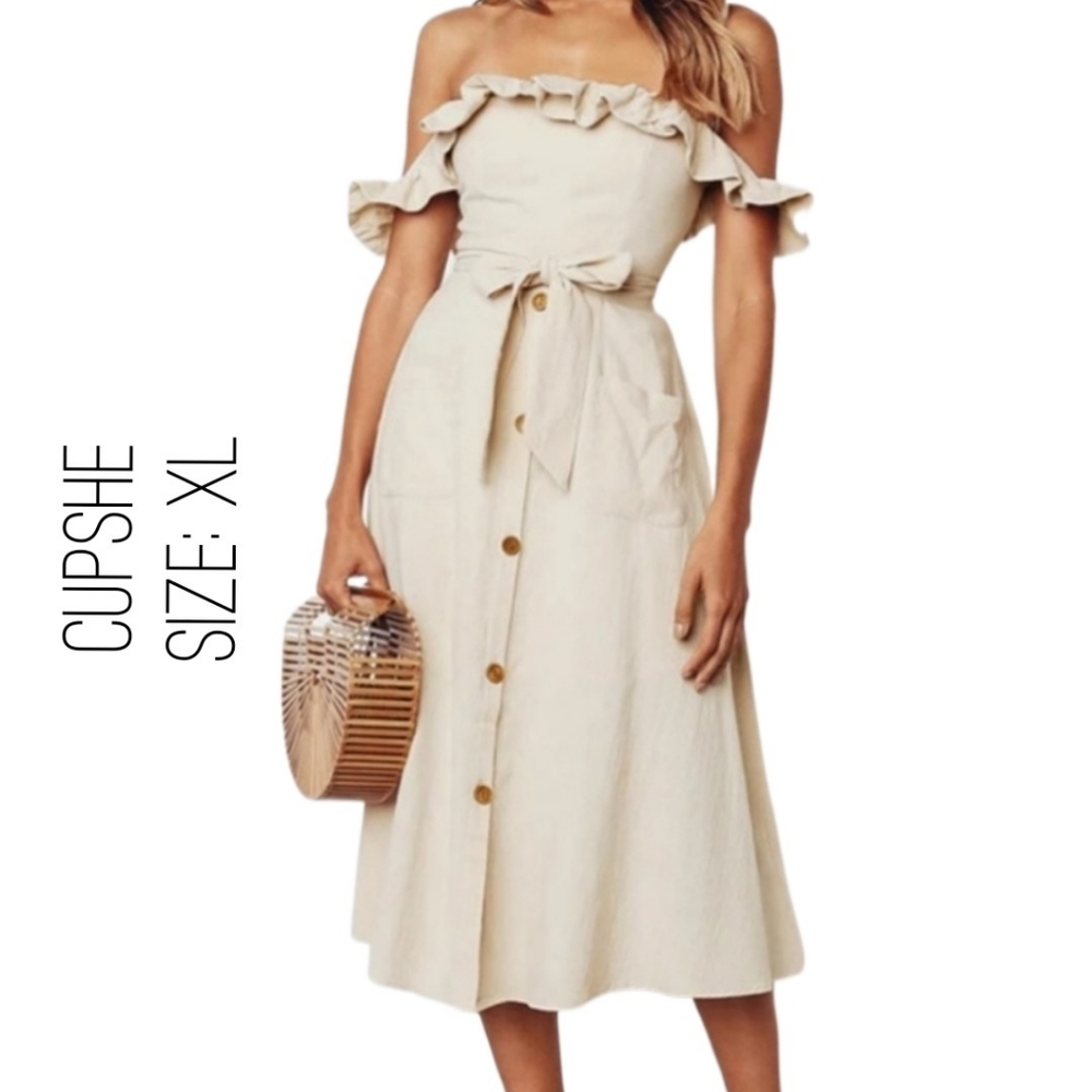 Cupshe off the shoulder smocked dress. Cream. XL